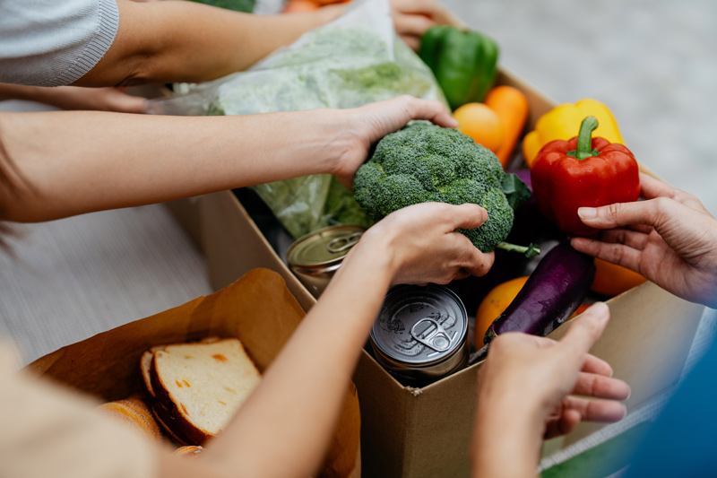 people loading vegetables and cans of food into a box
